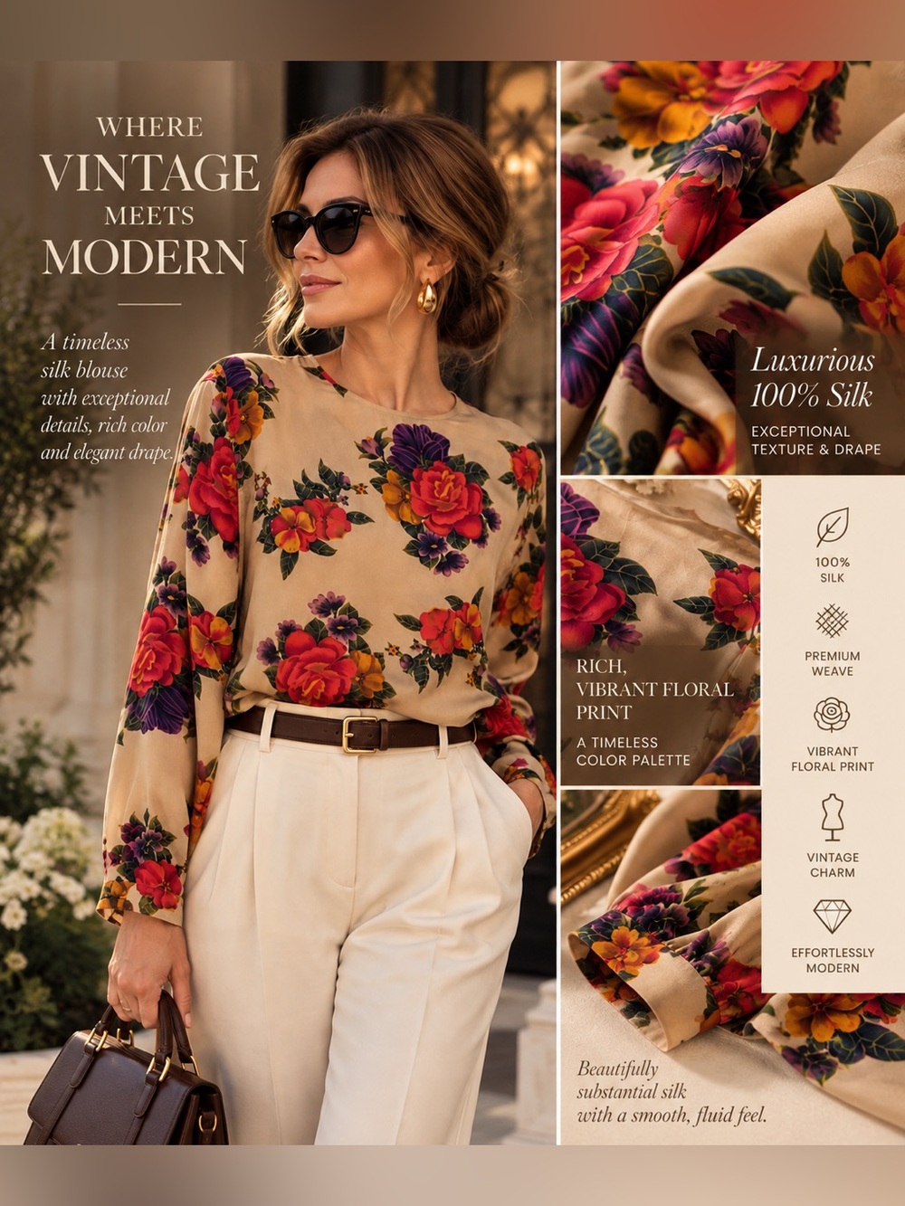 VTG Liz Claiborne 100% Silk Floral Rose Blouse Tan Purple Red Size 10